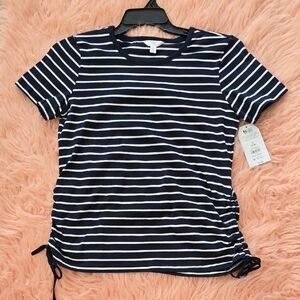 Time and Tru Navy and White Striped Short Sleeve Tee